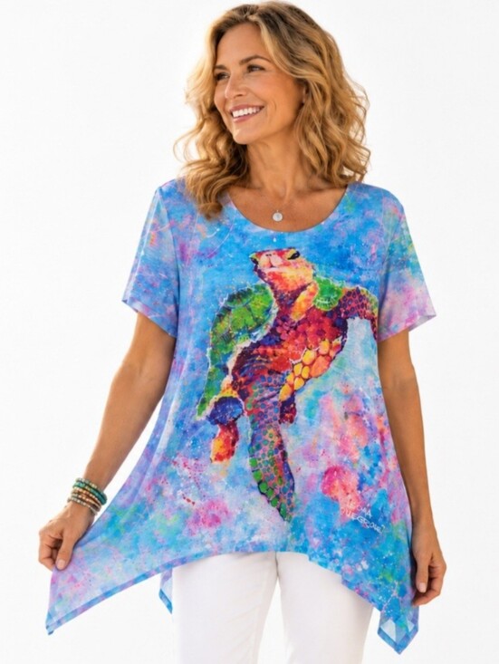 Leoma Lovegrove Tops - Leoma Lovegrove Sea Turtle Tunic Top Beach Cover Up Size XL Coastal Resort Art